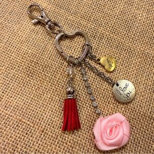 Mom I live You Heart Charm Keychain with Pink Rose and Gold Accents